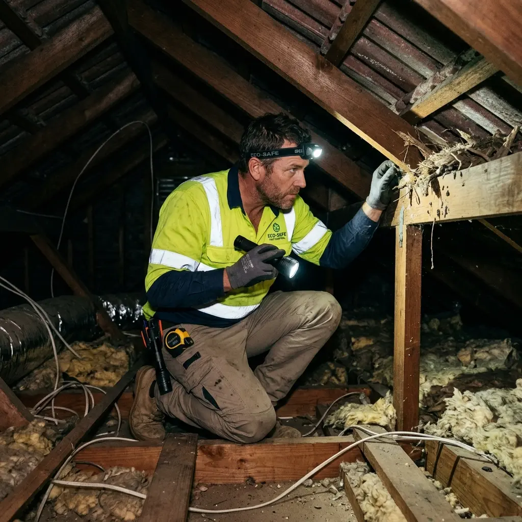 Technician inspecting a roof cavity for a dead animal in Officer South