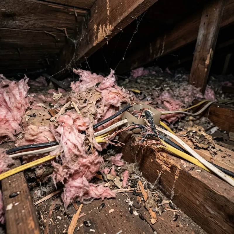 Contaminated ceiling insulation being assessed in a Officer South roof space