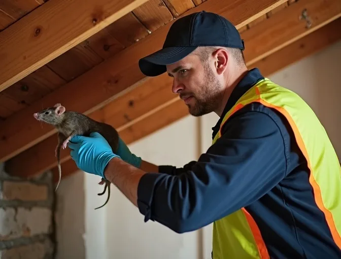 Technician inspecting a roof cavity for a dead rat in Officer South
